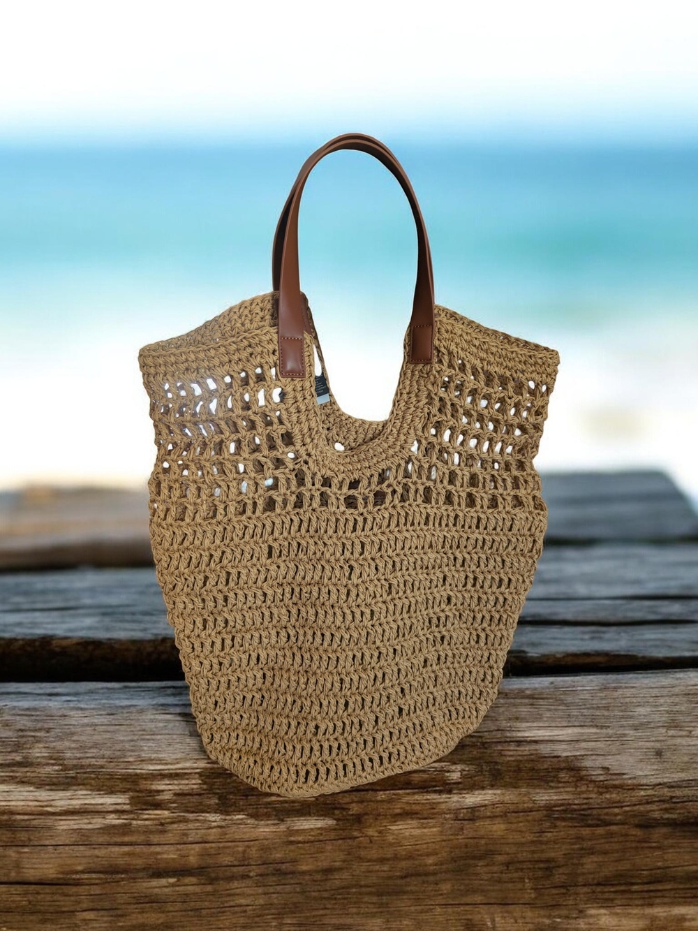 Banana Republic Crochet Tote with Brown Leather Handles
